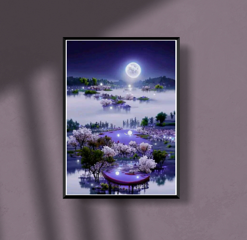 Une Photo D'un Lac Avec Des Fleurs Et La Lune -belle image
