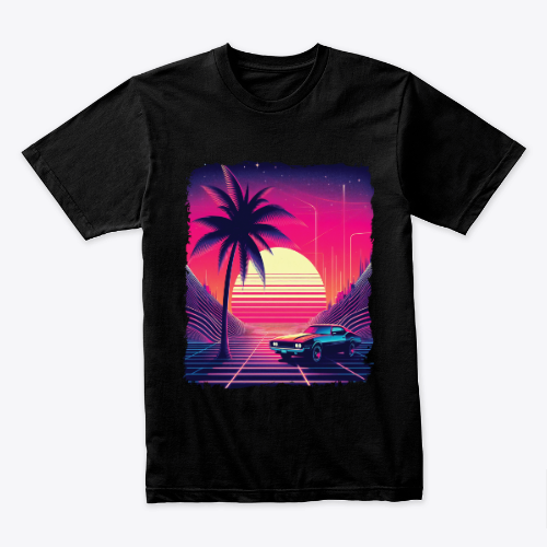 Tshirt - Sunset Drive: Retro Sunset with Vintage Car and Palm Trees - Women and Men - Gift