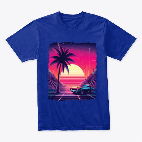 Tshirt - Sunset Drive: Retro Sunset with Vintage Car and Palm Trees - Women and Men - Gift