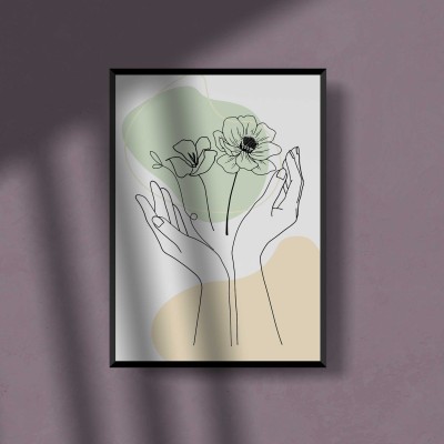 Hand line art with flowers. wall art.