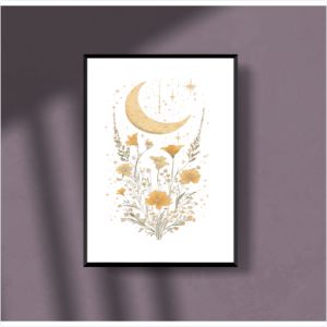 Celestial Moon Boho Flowers Poster A4