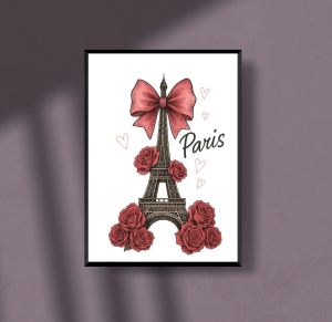 Romantic Eiffel Tower with Roses Poster A4