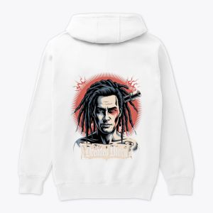 dreadlocked warrior with telescope and red sun