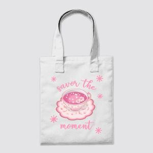kawaii Tote Bag "Savor the Moment", Soft Pink Tea Cup Design