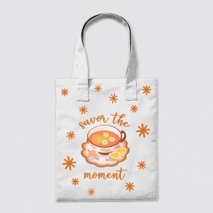 "Savor the Moment" Tote Bag with Tea Cup & Flower Design