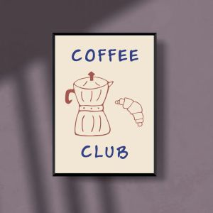 A3 Coffee Club Poster, Retro Vintage Moka Pot & Croissant Art