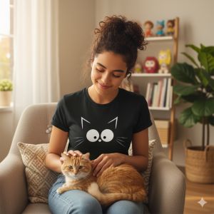 قطة فضولية – تيشيرت بسيط بطابع مرح | Chat Curieux – T-shirt Minimaliste et Fun