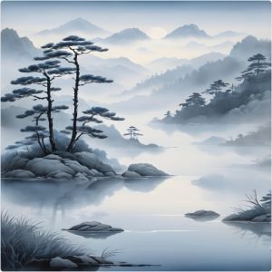 Serene Misty Lake Poster A4