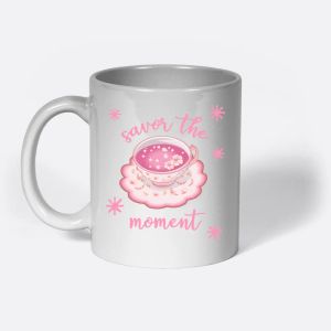 kawaii mug double sided "Savor the Moment", Soft Relaxing Pink Cup Illustration