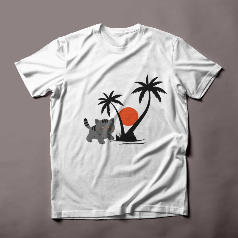 Funny cut pert cat meow in desert between the palm-tree